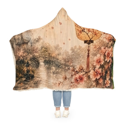 Bamboo & Blossom Cherry Blossom Lantern Hooded Blanket – Cozy Snuggle Throw for Spring, Floral Asian-Inspired Nighttime Scenery