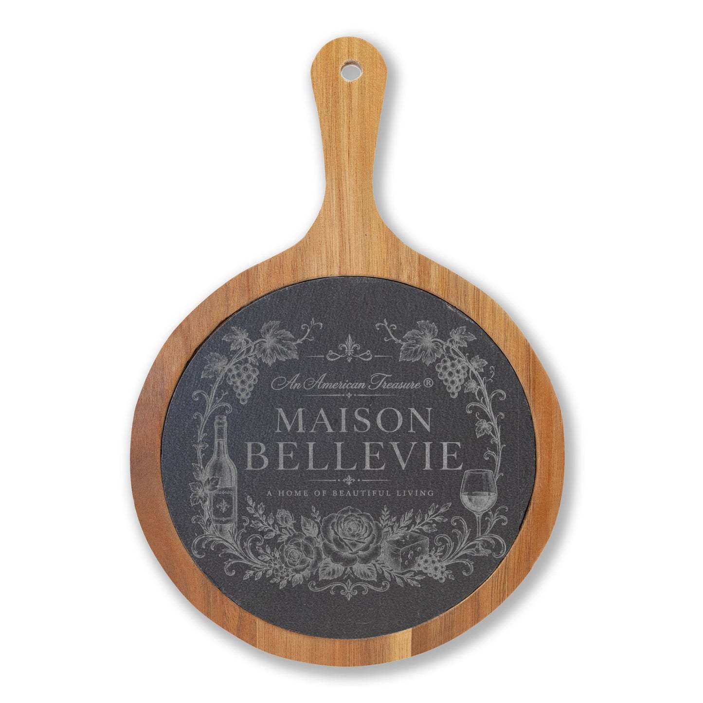 Maison Bellevie Engraved Acacia Charcuterie Board with Slate Inlay & Cheese Knives