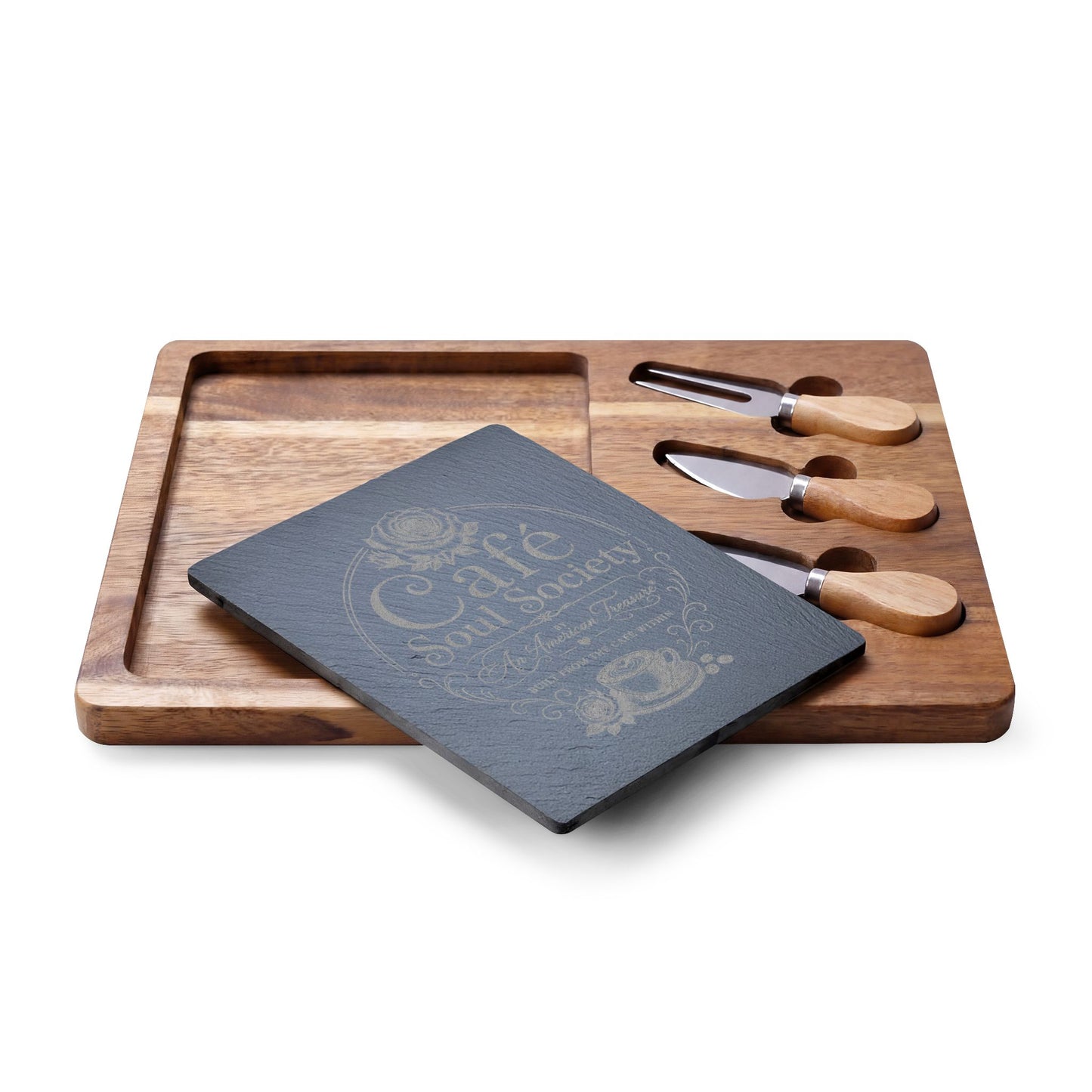 Cafe Soul Society Engraved Bamboo Charcuterie Board with Cheese Tools – 'Café Soul Society' Slate Inlay