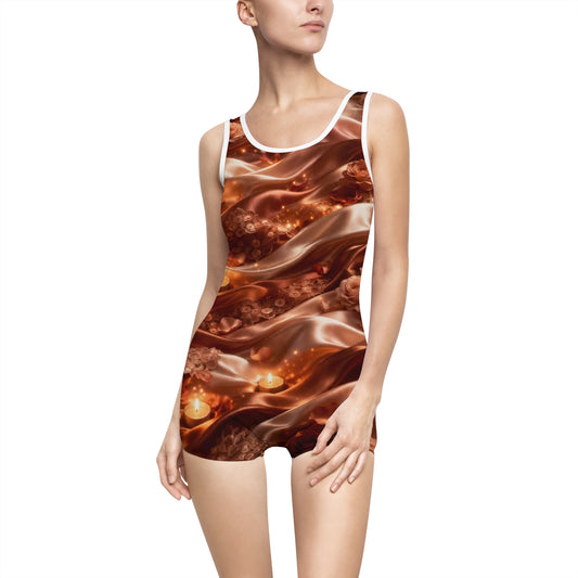Ginger Flame Vintage Bronze Swimsuit — Retro All-Over-Print One-Piece