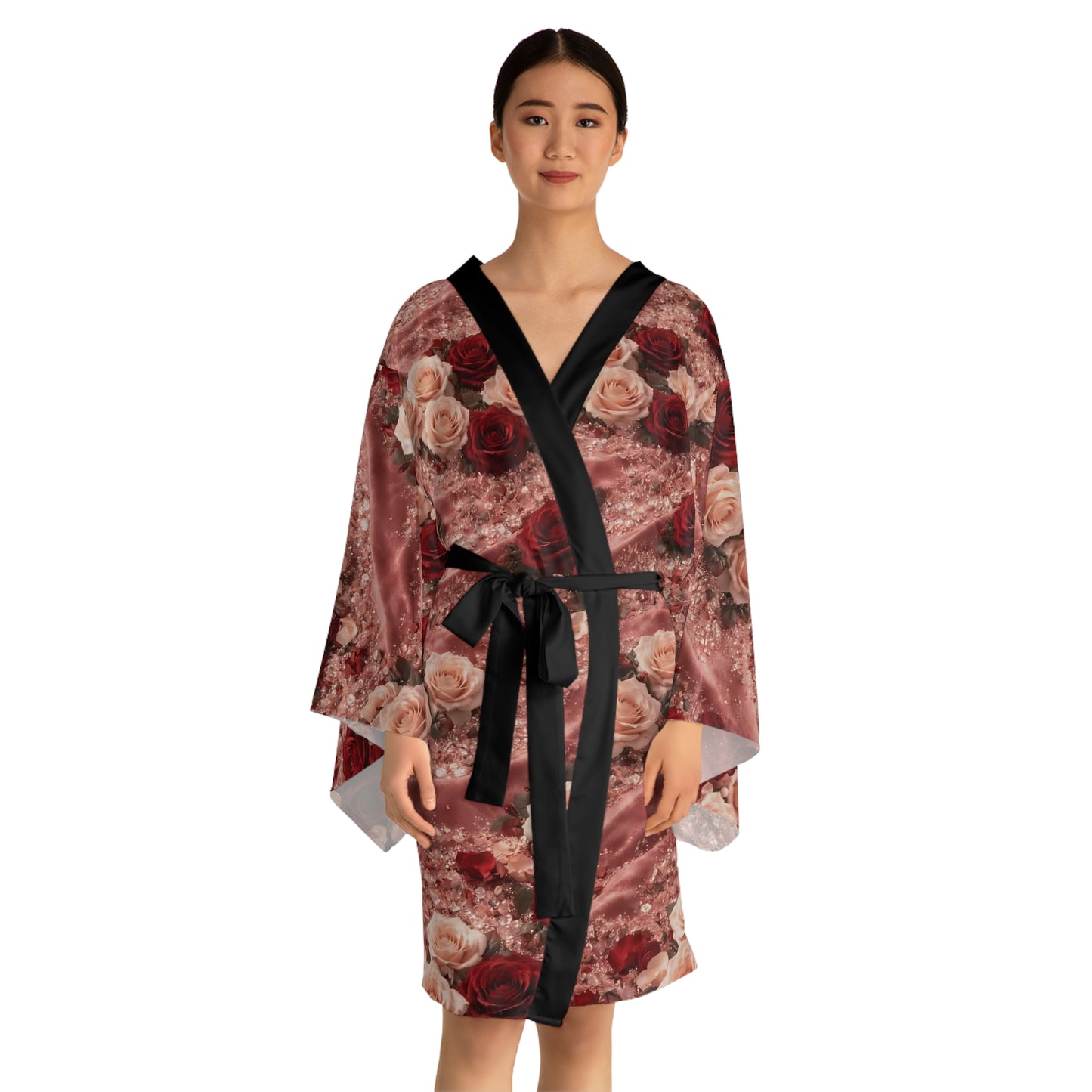 The Velvet Rose Kimono Robe — Vintage Red & Blush All-Over Print