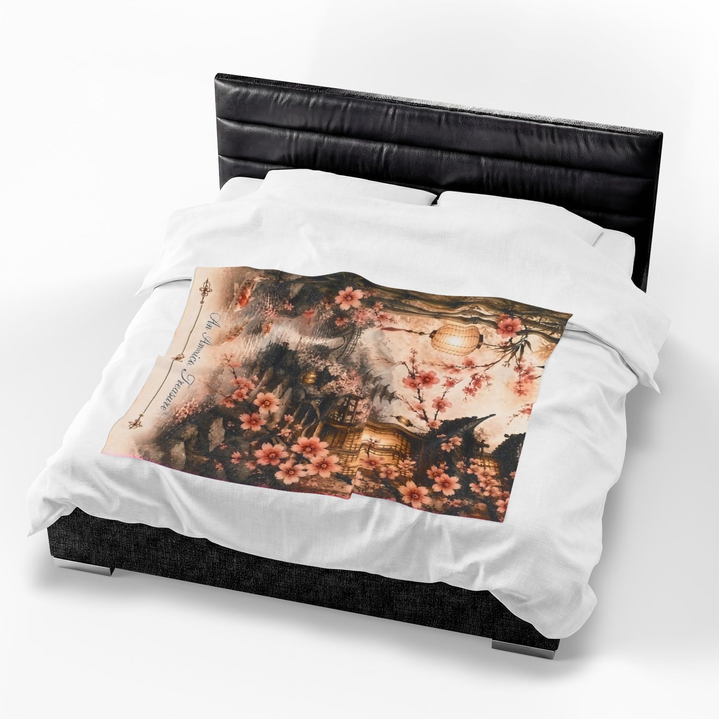 Bamboo & Blossom Velveteen Plush Blanket — Cherry Blossom Lantern Japanese Garden Throw