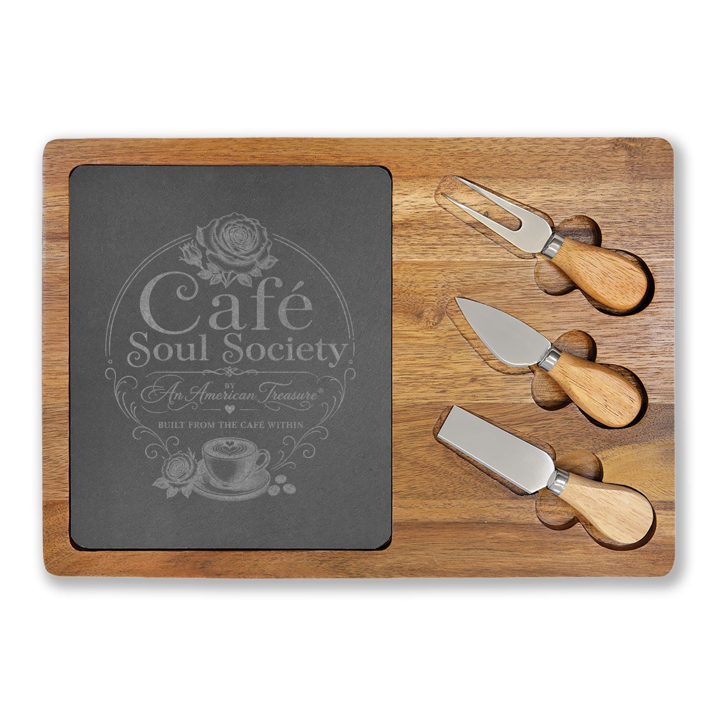 Cafe Soul Society Engraved Bamboo Charcuterie Board with Cheese Tools – 'Café Soul Society' Slate Inlay