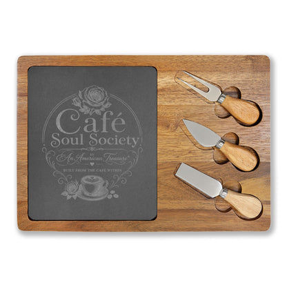Cafe Soul Society Engraved Bamboo Charcuterie Board with Cheese Tools – 'Café Soul Society' Slate Inlay
