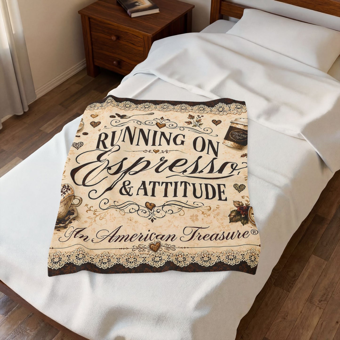 Espresso Yourself Couture Collection Velveteen Plush Blanket - "Running on Espresso & Attitude" Coffee Lover Throw - Collection One  - Style One