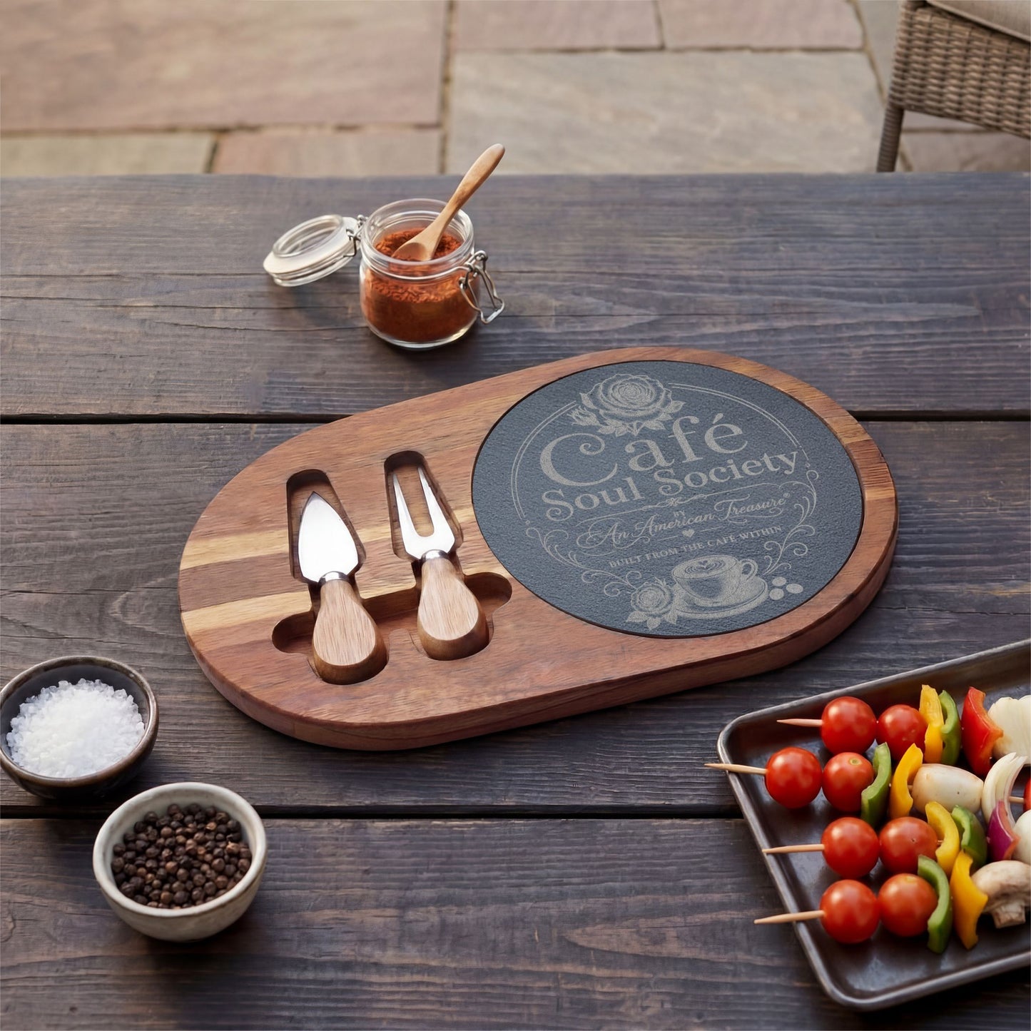 Cafe Soul Society Engraved Bamboo Charcuterie Board with Cheese Tools – 'Café Soul Society' Slate Inlay