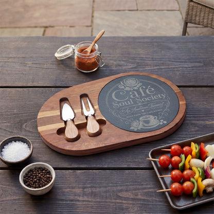 Cafe Soul Society Engraved Bamboo Charcuterie Board with Cheese Tools – 'Café Soul Society' Slate Inlay