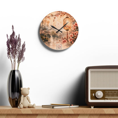 Bamboo & Blossom Collection Acrylic Wall Clock - Vintage Cherry Blossom Landscape with Lantern