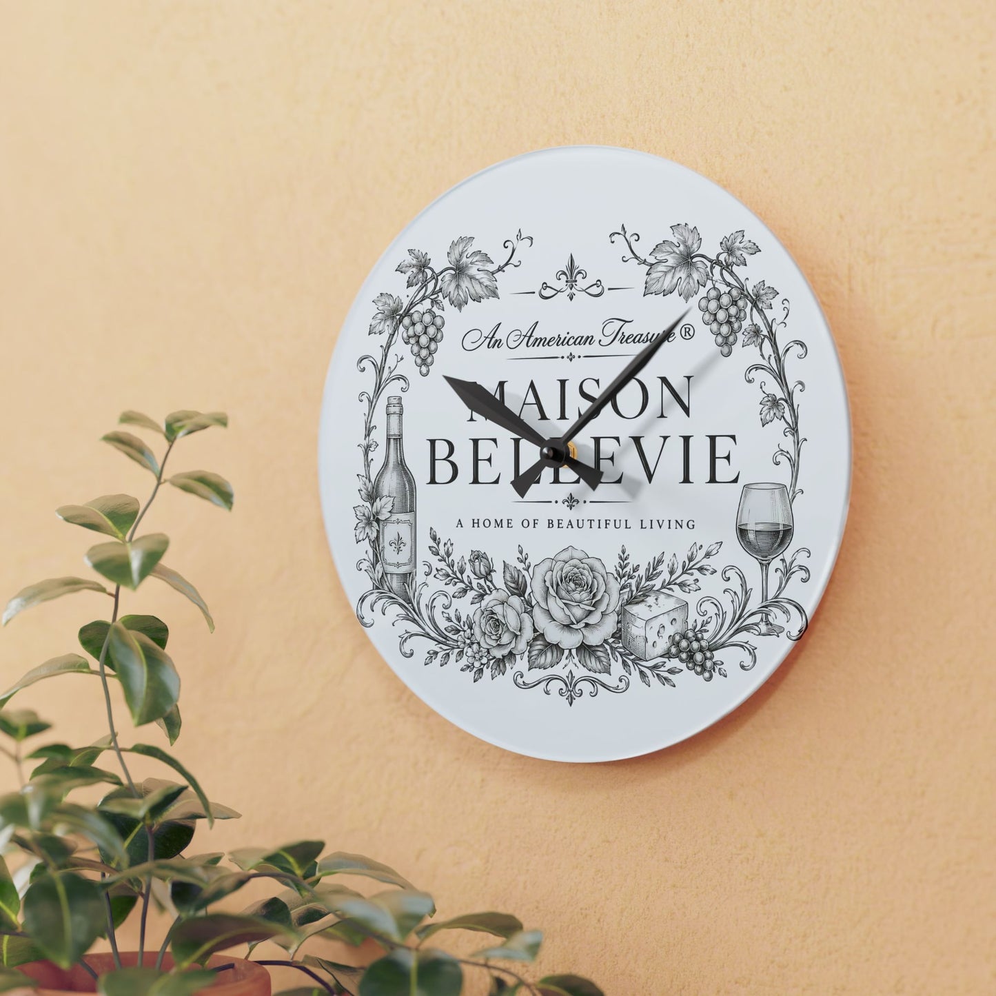 Acrylic Wall Clock — Maison Bellevie Vintage Floral Wine Kitchen Clock