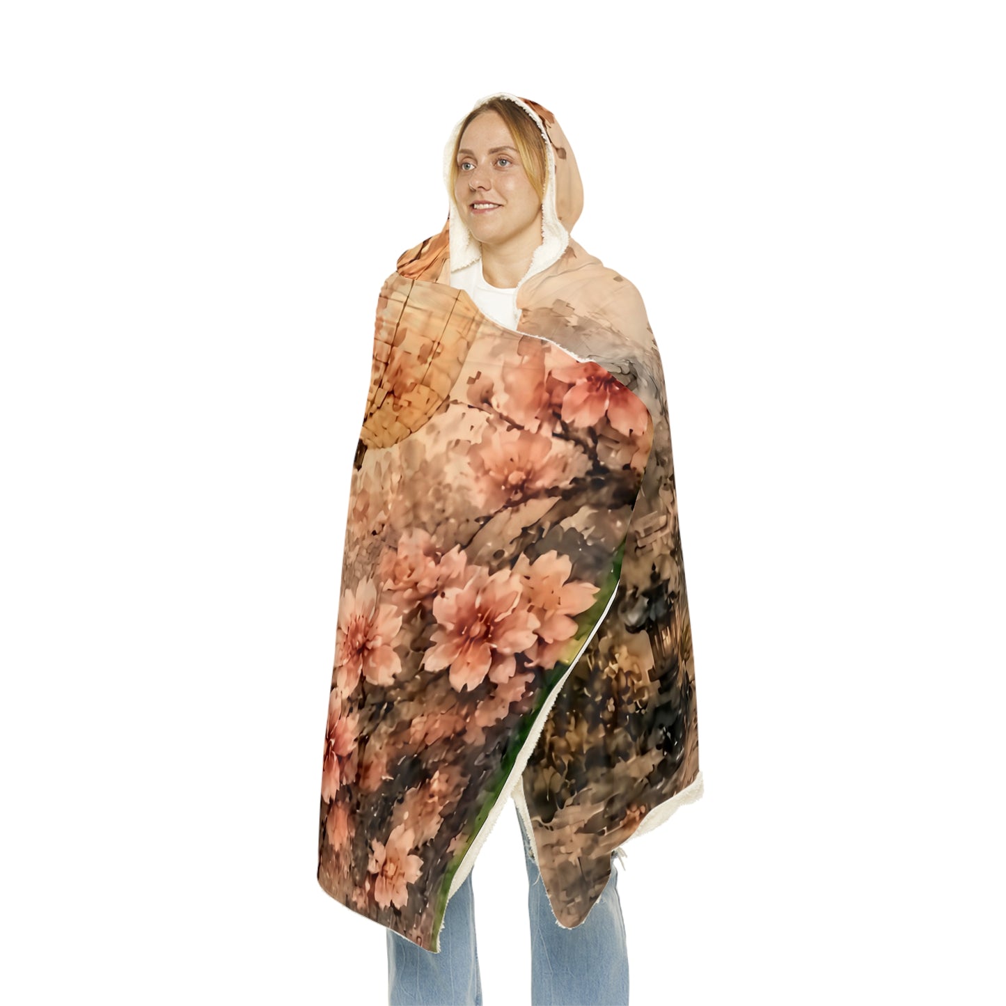 Bamboo & Blossom Cherry Blossom Lantern Hooded Blanket – Cozy Snuggle Throw for Spring, Floral Asian-Inspired Nighttime Scenery