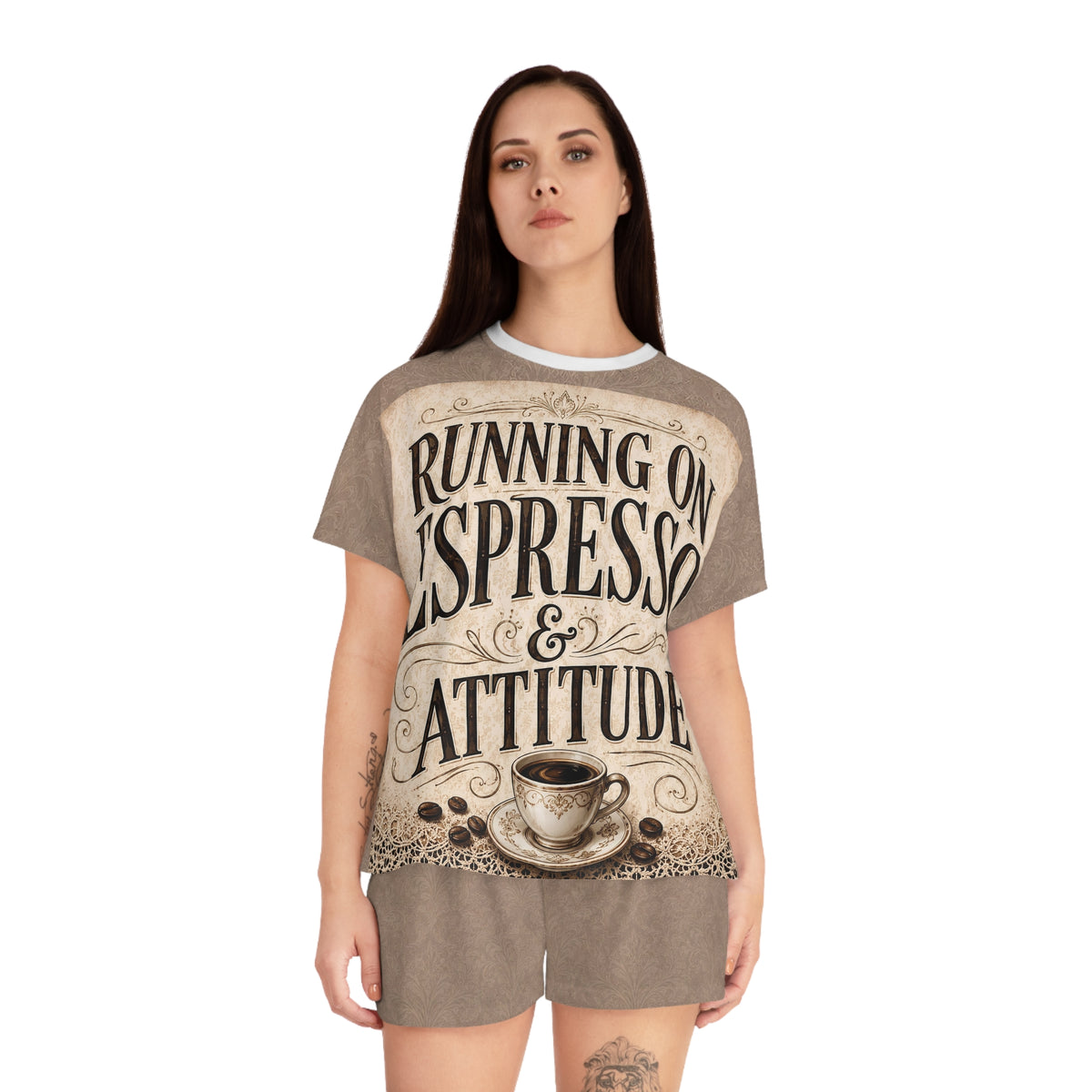 Espresso Yourself Couture Collection Women's Pajama Set — "Running on Espresso & Attitude" Coffee Lounge Shorts Set - Collection One - Style One