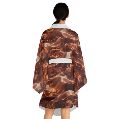 The Ginger Rose Silky Chocolate Floral Kimono Robe — Long Sleeve AOP Loungewear