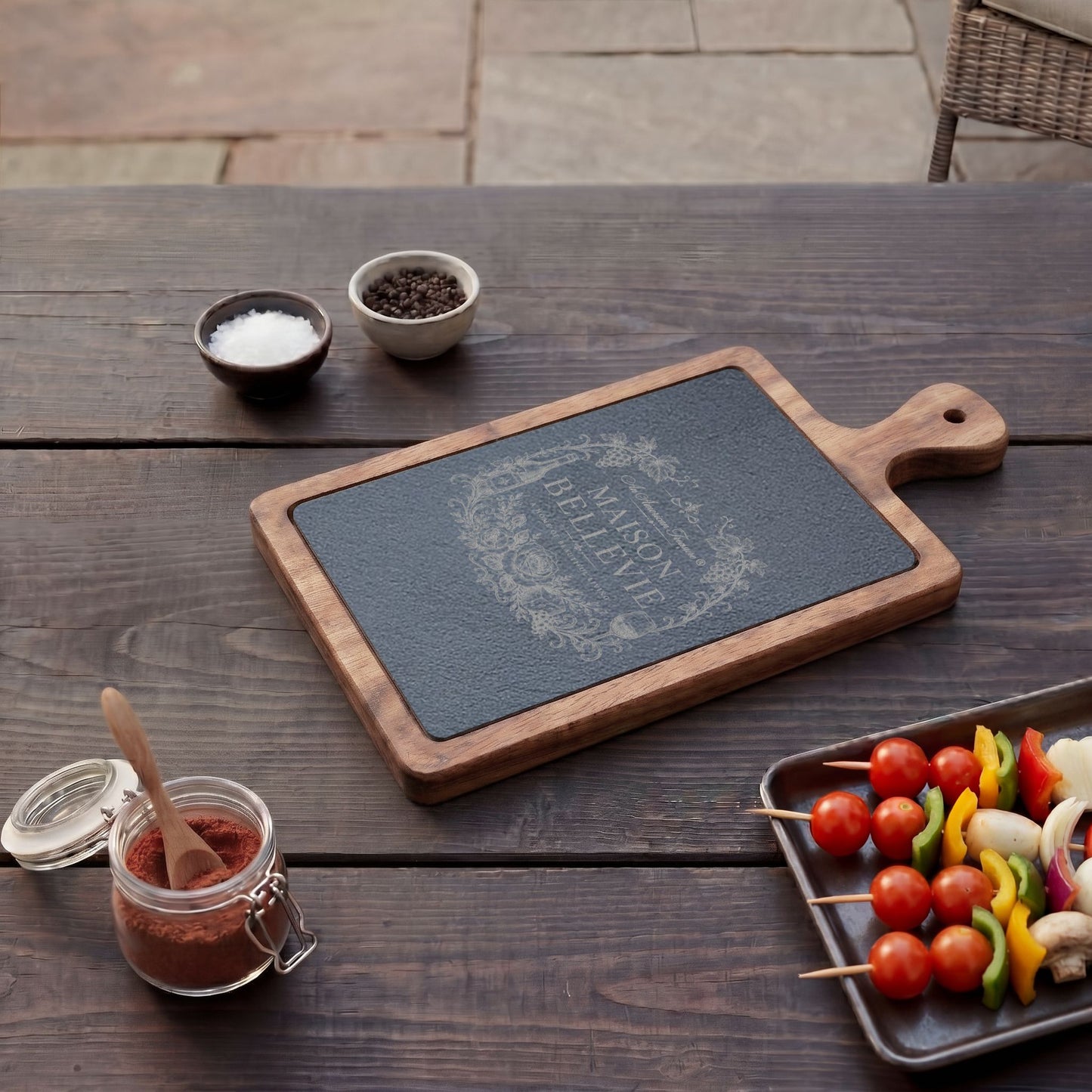 Maison Bellevie Engraved Acacia Charcuterie Board with Slate Inlay & Cheese Knives