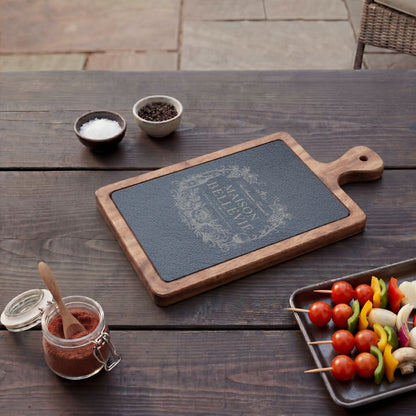 Maison Bellevie Engraved Acacia Charcuterie Board with Slate Inlay & Cheese Knives