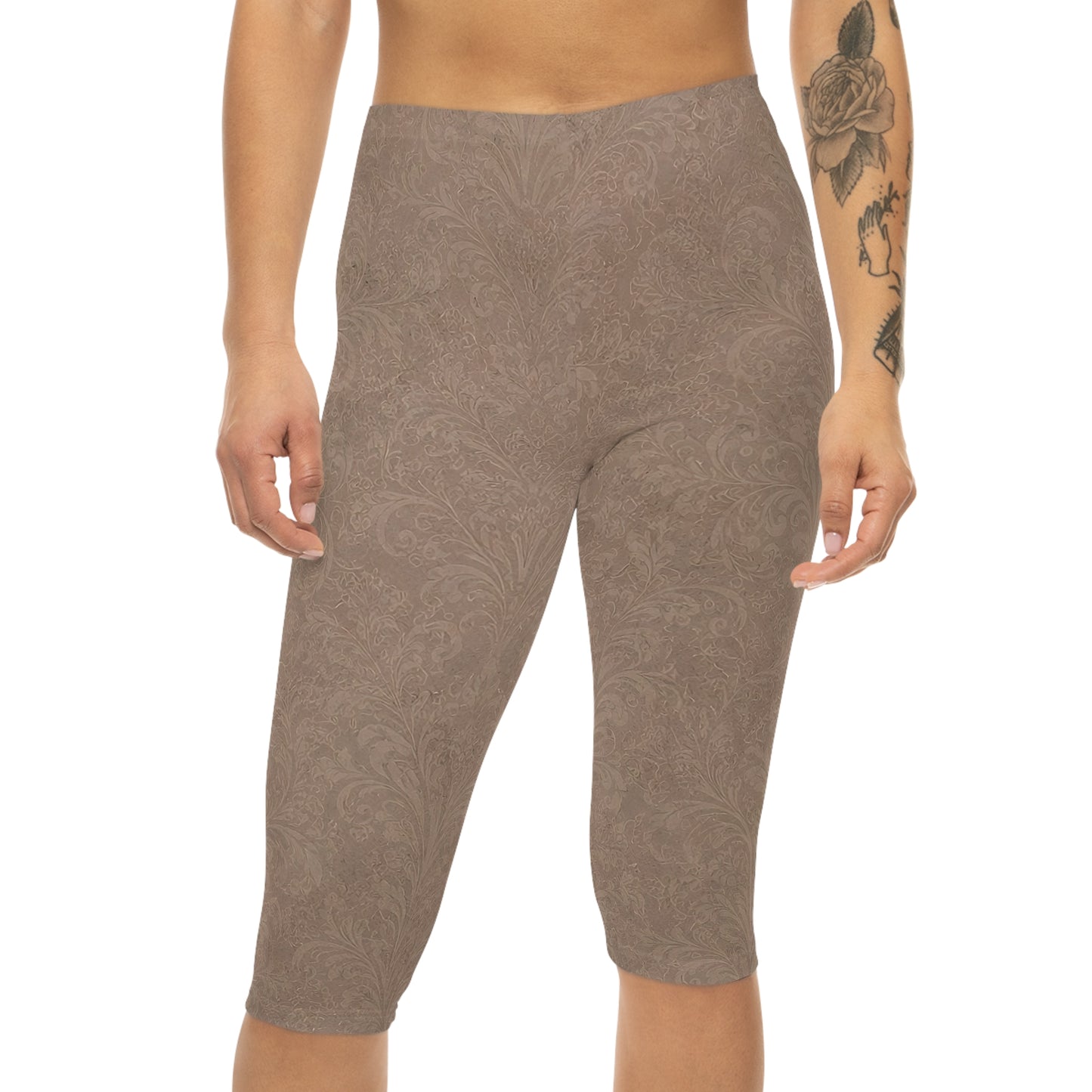 Espresso Yourself Couture Collection : Taupe Paisley Capri Leggings — Women's Printed Comfort Crop Leggings - Collection One - Style One