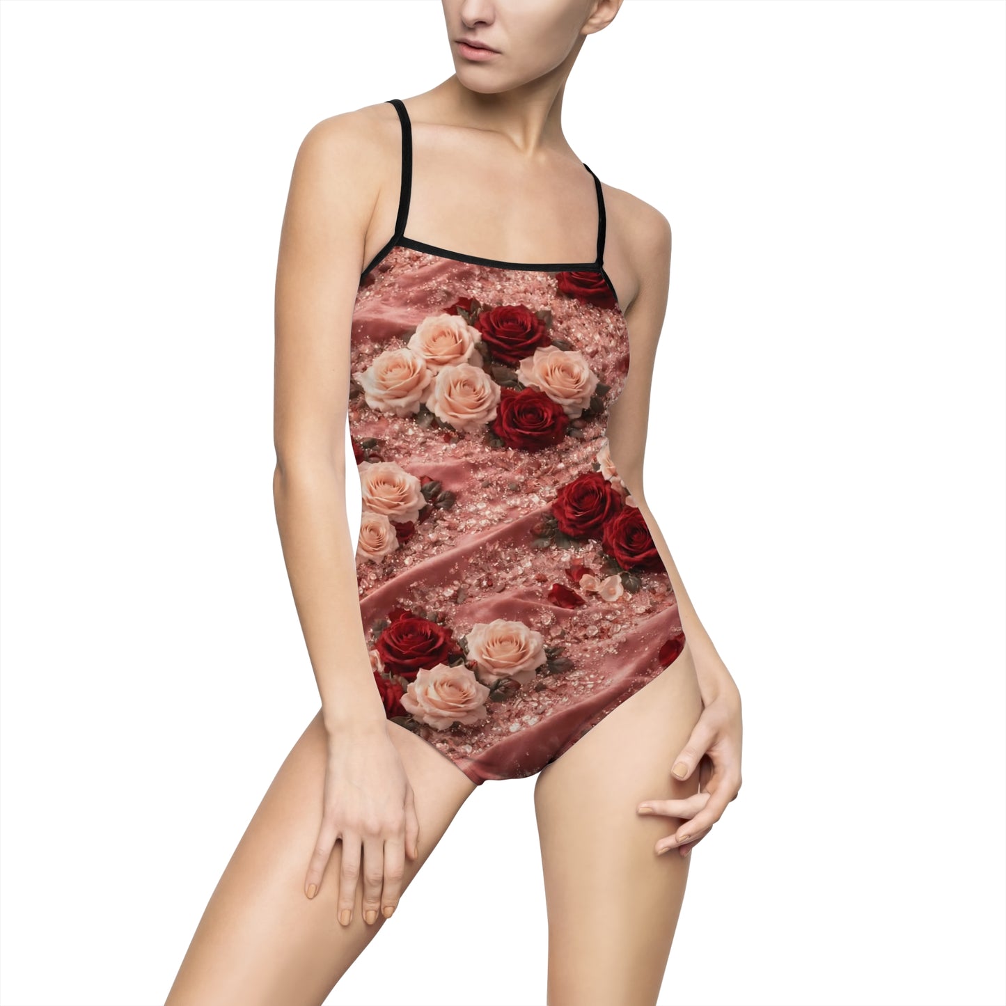 The Velvet Rose One-Piece Swimsuit – Vintage Red & Blush Floral Print