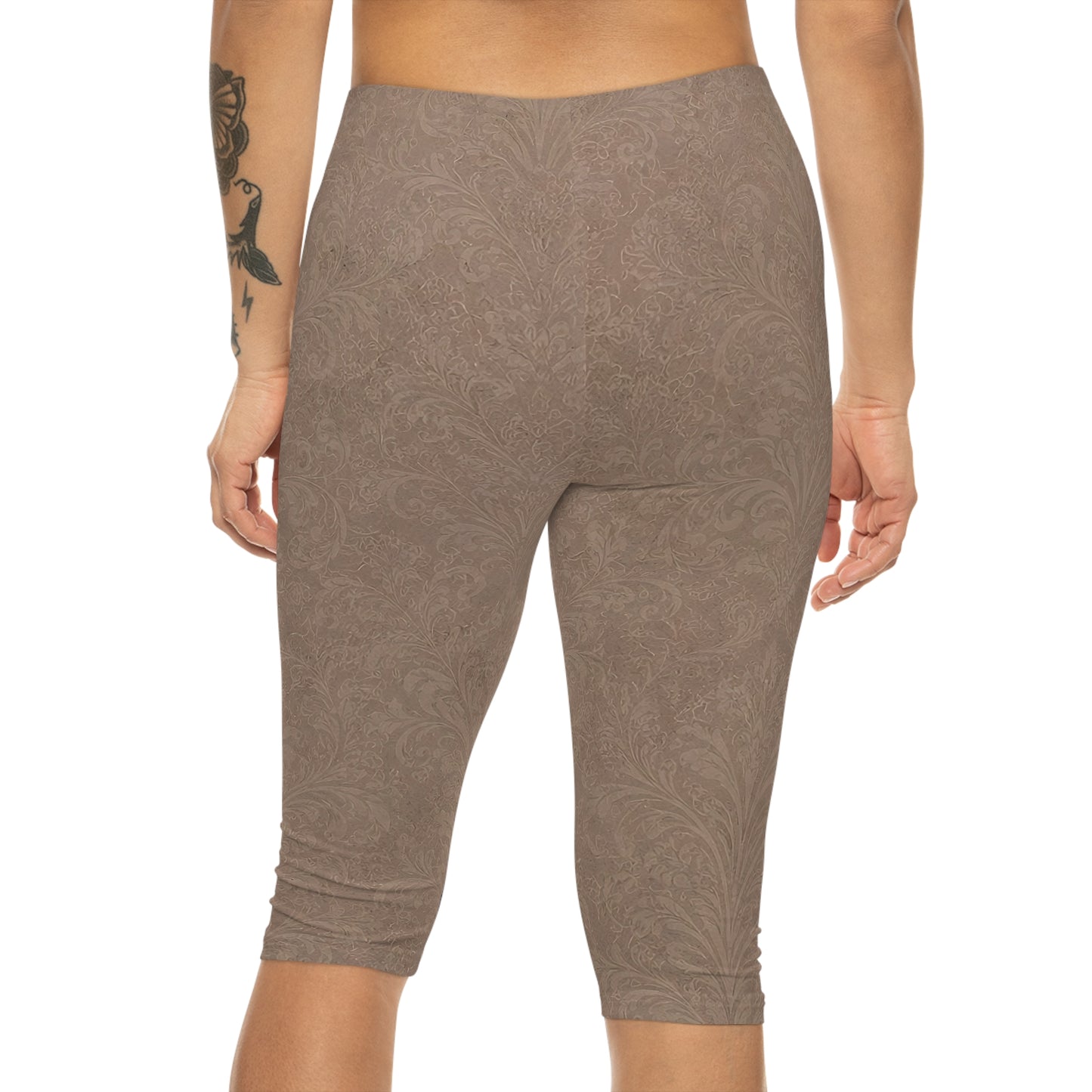 Espresso Yourself Couture Collection : Taupe Paisley Capri Leggings — Women's Printed Comfort Crop Leggings - Collection One - Style One