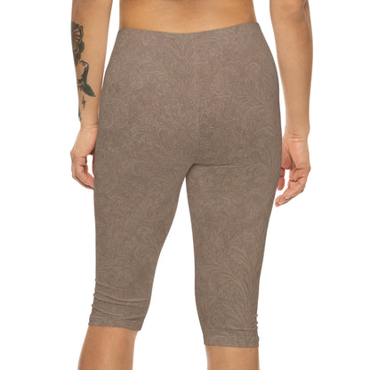 Espresso Yourself Couture Collection : Taupe Paisley Capri Leggings — Women's Printed Comfort Crop Leggings - Collection One - Style One