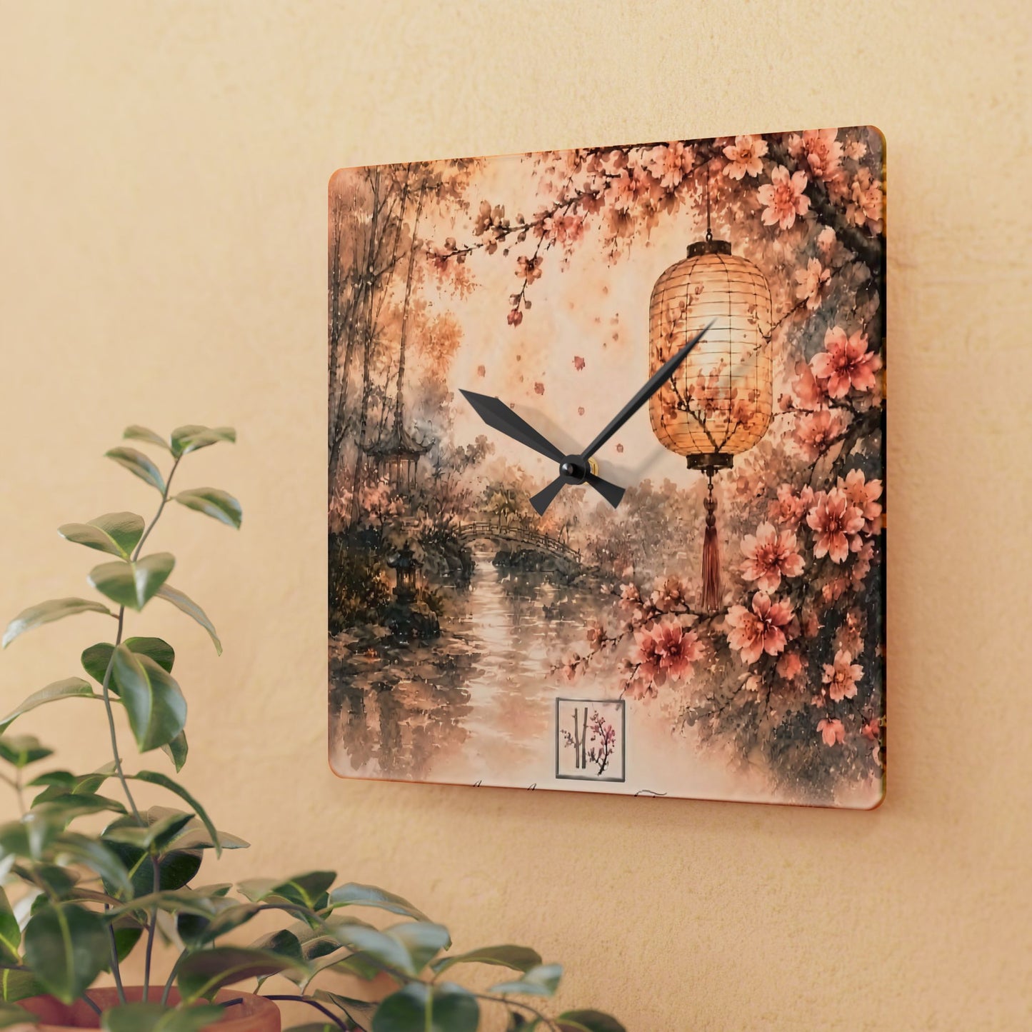 Bamboo & Blossom Collection Acrylic Wall Clock - Vintage Cherry Blossom Landscape with Lantern