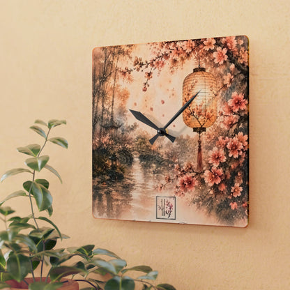 Bamboo & Blossom Collection Acrylic Wall Clock - Vintage Cherry Blossom Landscape with Lantern