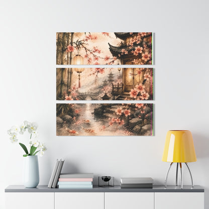 Bamboo & Blossom Triptych Acrylic Wall Art - Asian Garden Cherry Blossom Pagoda Scene