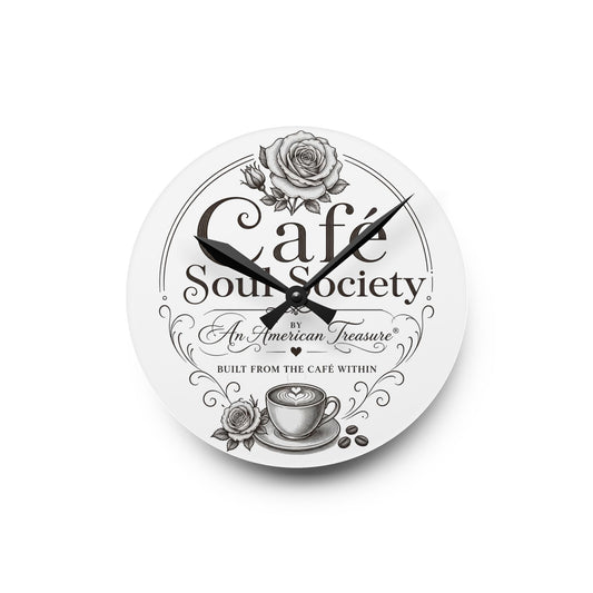 Café Soul Society Acrylic Wall Clock — Vintage Coffee Shop Décor