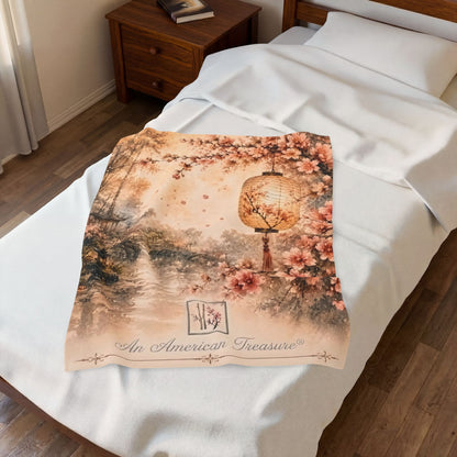 Bamboo & Blossom Velveteen Blanket - Cherry Blossom Lantern Scenic Throw (An American Treasure)