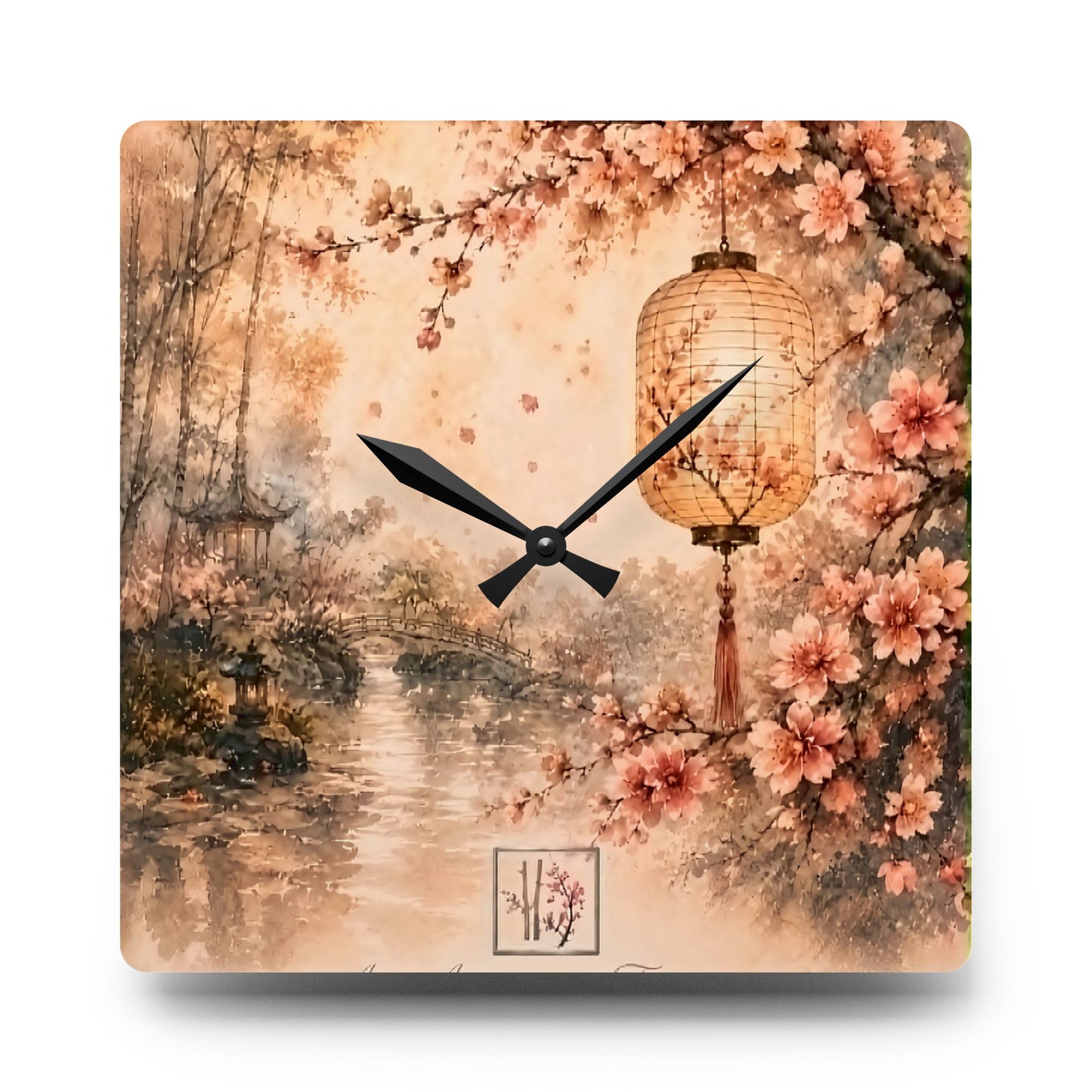Bamboo & Blossom Collection Acrylic Wall Clock - Vintage Cherry Blossom Landscape with Lantern