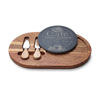 Cafe Soul Society Engraved Bamboo Charcuterie Board with Cheese Tools – 'Café Soul Society' Slate Inlay