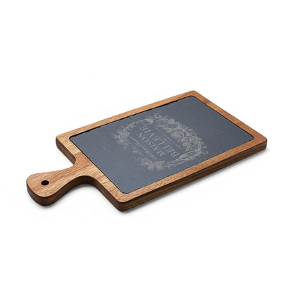 Maison Bellevie Engraved Acacia Charcuterie Board with Slate Inlay & Cheese Knives