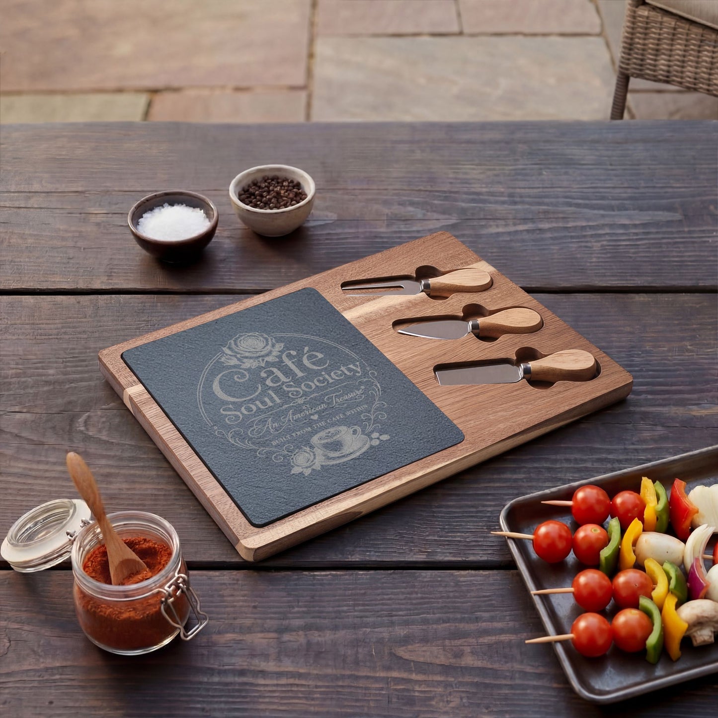 Cafe Soul Society Engraved Bamboo Charcuterie Board with Cheese Tools – 'Café Soul Society' Slate Inlay