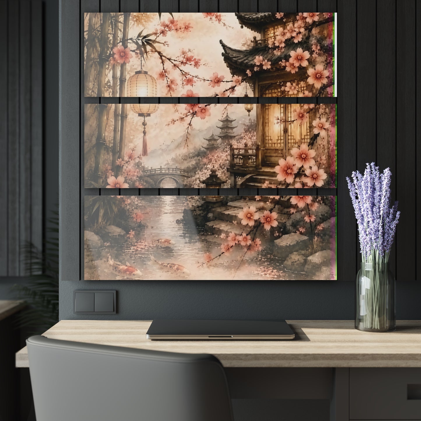 Bamboo & Blossom Triptych Acrylic Wall Art - Asian Garden Cherry Blossom Pagoda Scene