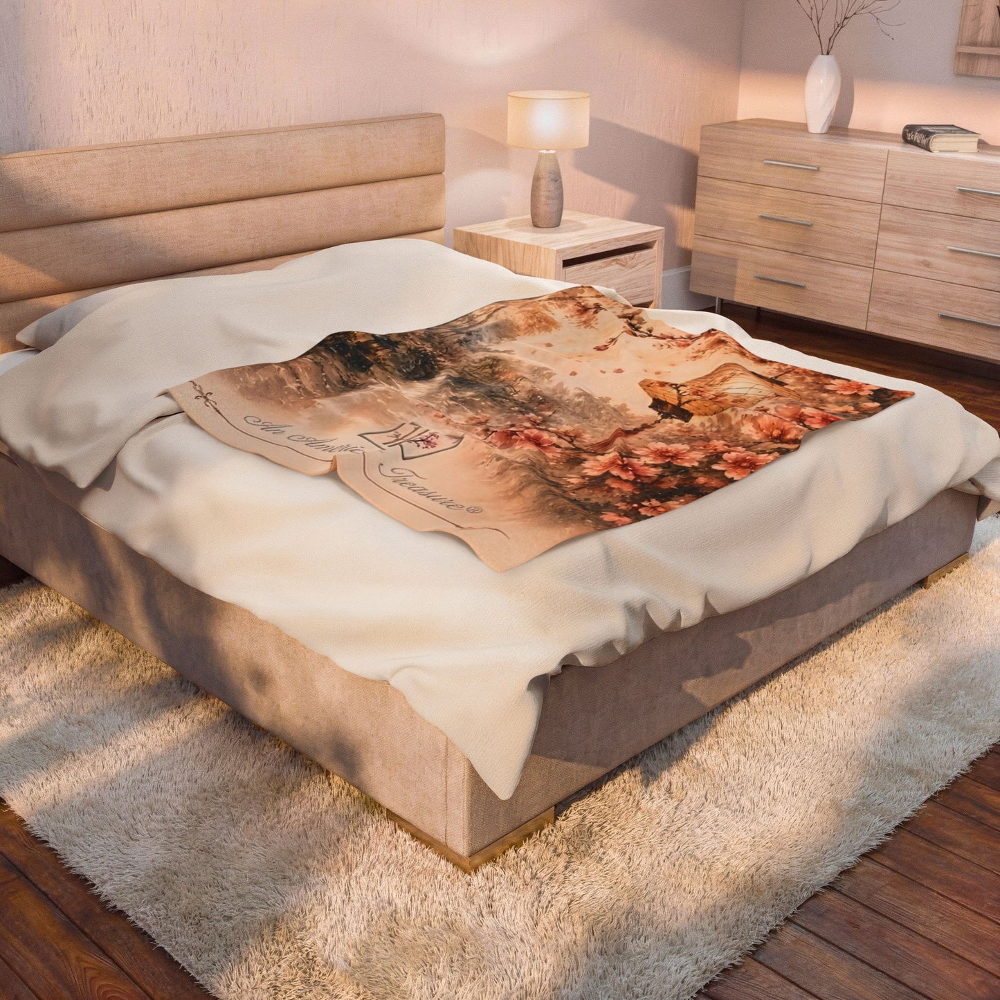 Bamboo & Blossom Velveteen Blanket - Cherry Blossom Lantern Scenic Throw (An American Treasure)