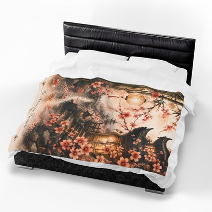 Bamboo & Blossom Velveteen Plush Blanket — Cherry Blossom Lantern Japanese Garden Throw