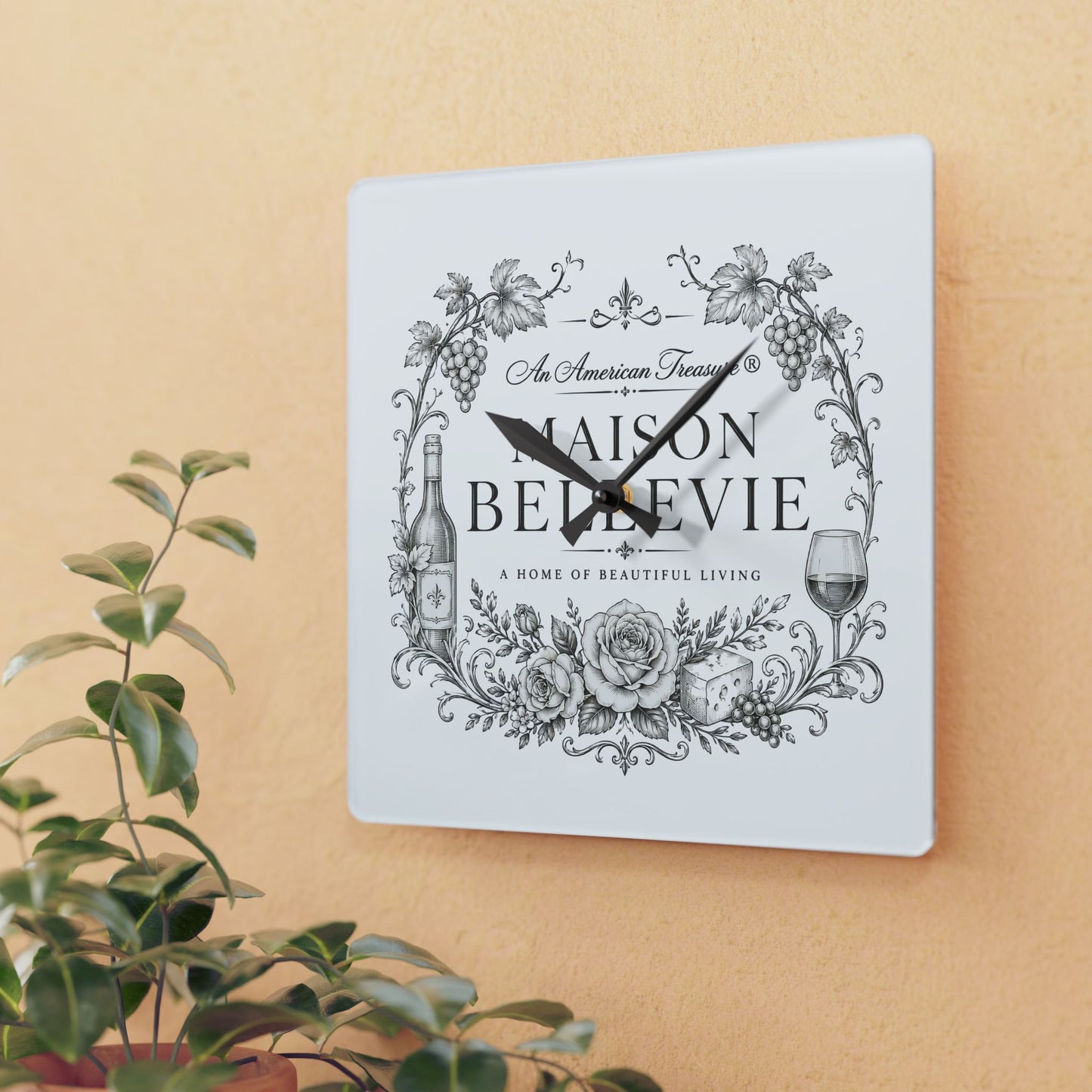 Acrylic Wall Clock — Maison Bellevie Vintage Floral Wine Kitchen Clock