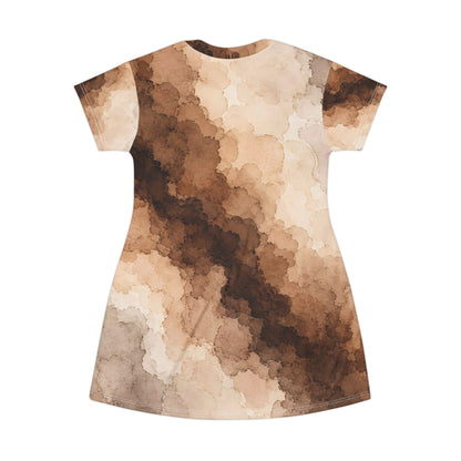 Espresso Yourself Couture Collection : Watercolor Coffee Brown T-Shirt Dress – AOP Abstract Earth-Tone Shift Dress - Collection One  - Style Two