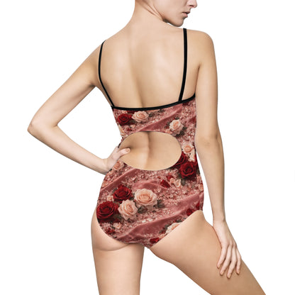 The Velvet Rose One-Piece Swimsuit – Vintage Red & Blush Floral Print