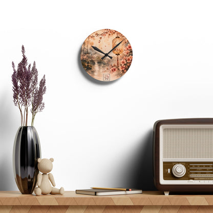 Bamboo & Blossom Collection Acrylic Wall Clock - Vintage Cherry Blossom Landscape with Lantern