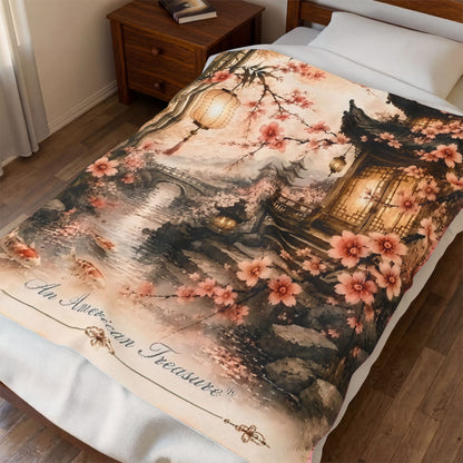 Bamboo & Blossom Velveteen Plush Blanket — Cherry Blossom Lantern Japanese Garden Throw