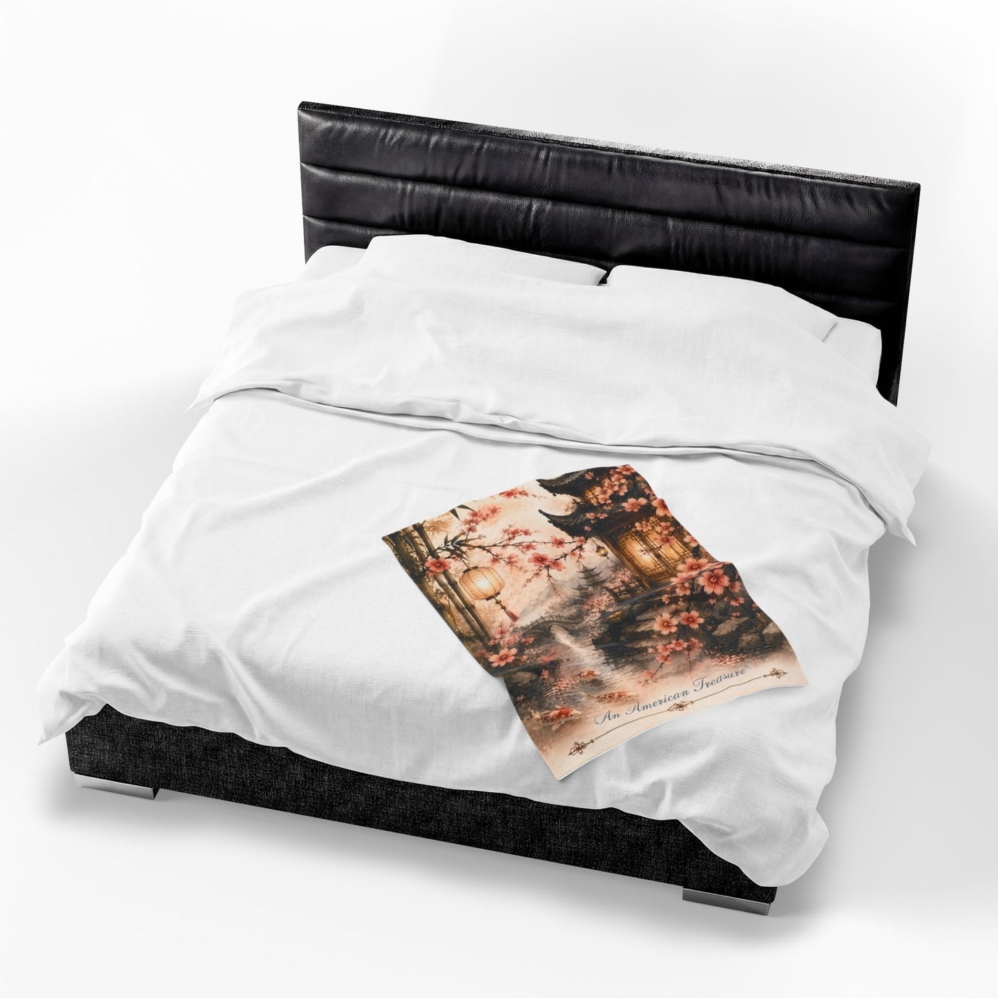Bamboo & Blossom Velveteen Plush Blanket — Cherry Blossom Lantern Japanese Garden Throw