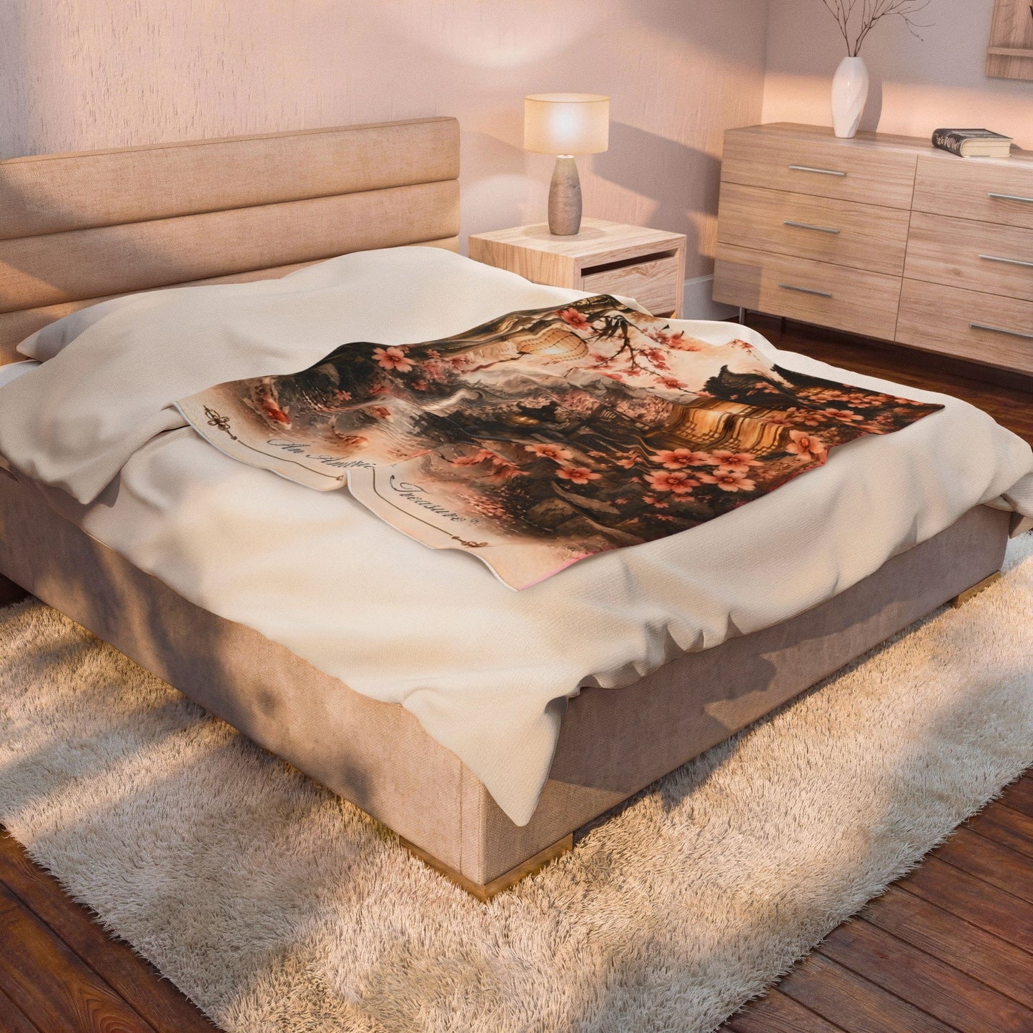 Bamboo & Blossom Velveteen Plush Blanket — Cherry Blossom Lantern Japanese Garden Throw
