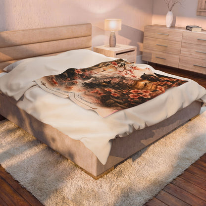 Bamboo & Blossom Velveteen Plush Blanket — Cherry Blossom Lantern Japanese Garden Throw
