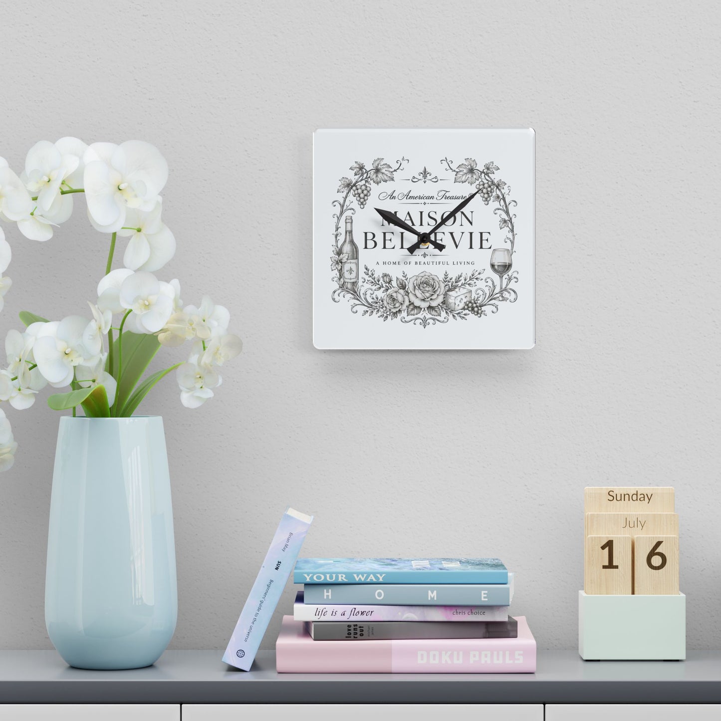 Acrylic Wall Clock — Maison Bellevie Vintage Floral Wine Kitchen Clock