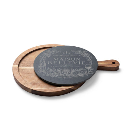 Maison Bellevie Engraved Acacia Charcuterie Board with Slate Inlay & Cheese Knives