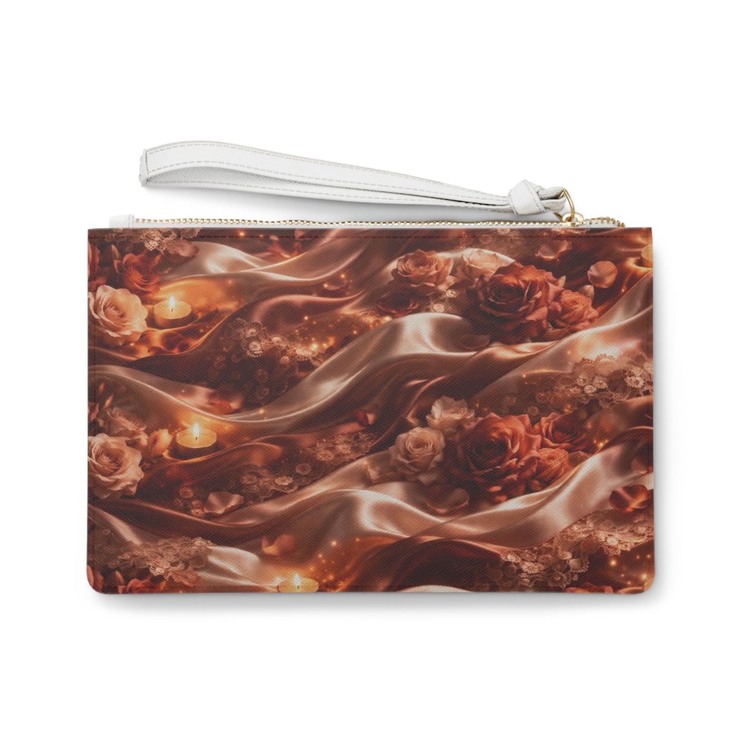 Ginger Flame Clutch Bag — Elegant Rose & Ribbon Evening Wristlet