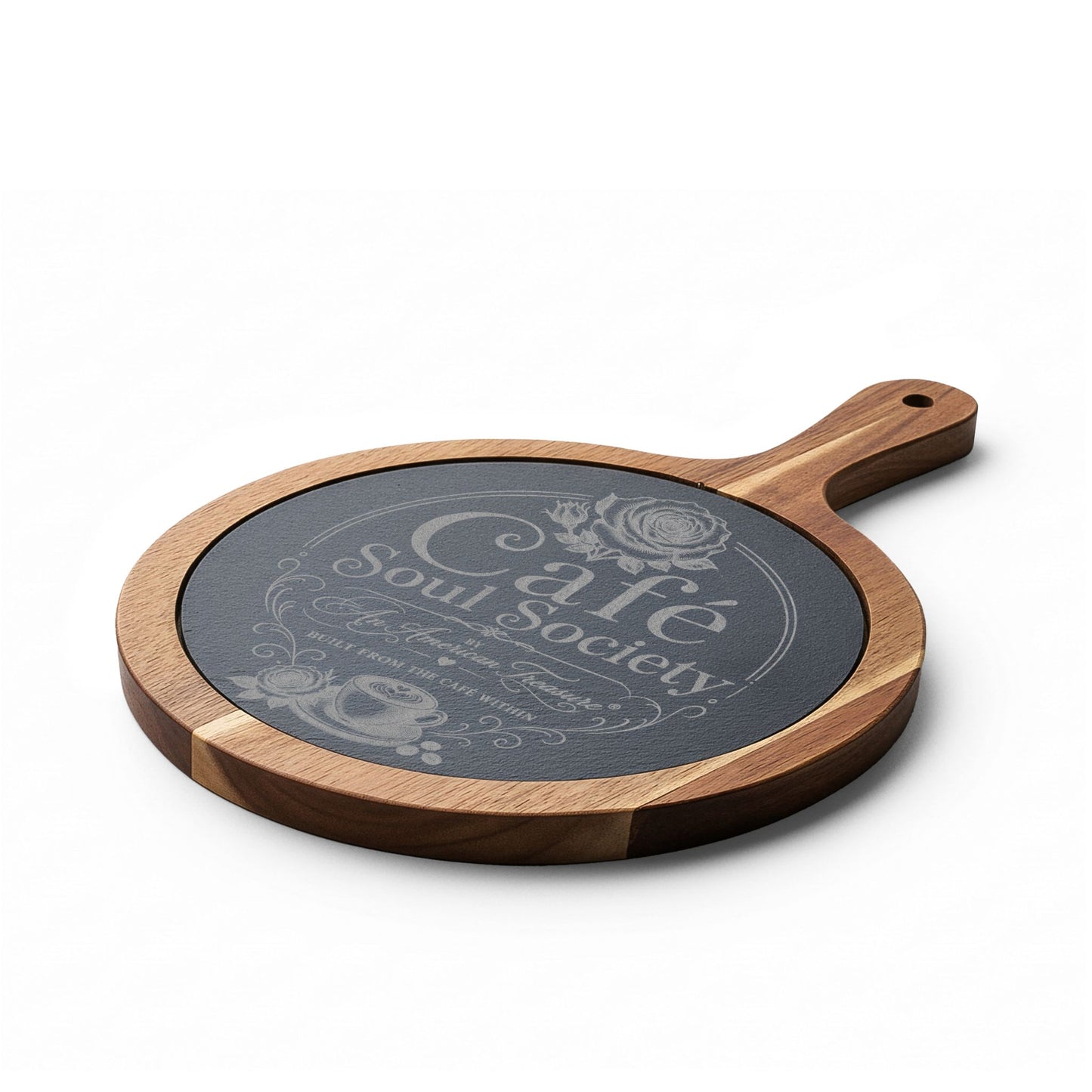 Cafe Soul Society Engraved Bamboo Charcuterie Board with Cheese Tools – 'Café Soul Society' Slate Inlay