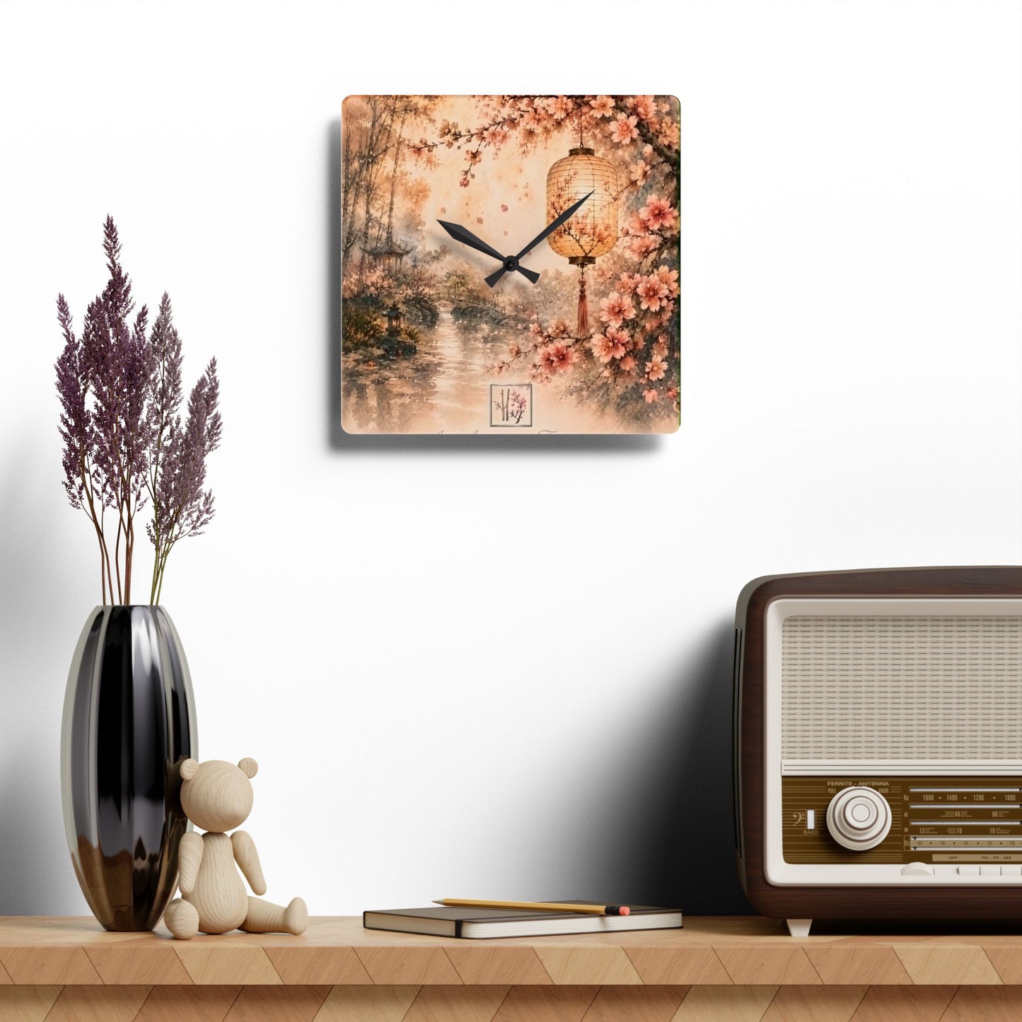 Bamboo & Blossom Collection Acrylic Wall Clock - Vintage Cherry Blossom Landscape with Lantern
