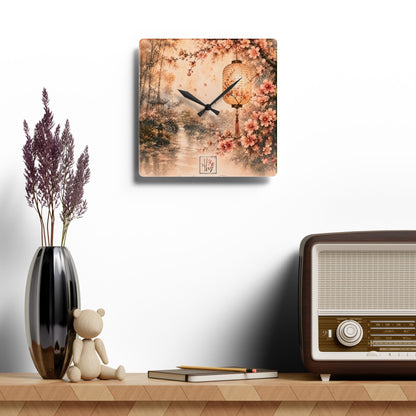 Bamboo & Blossom Collection Acrylic Wall Clock - Vintage Cherry Blossom Landscape with Lantern