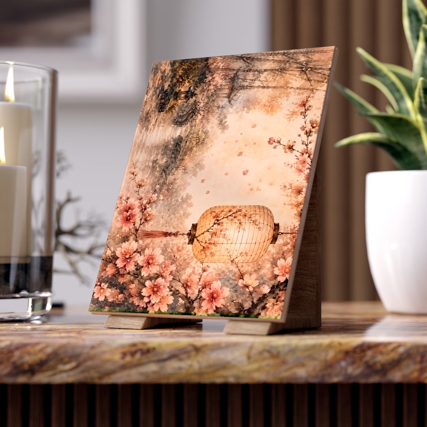 Bamboo & Blossom Collection Ceramic Photo Tile — Vintage Cherry Blossom Lantern Art Tile