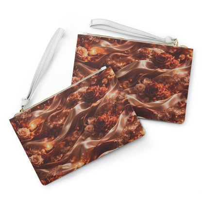 Ginger Flame Clutch Bag — Elegant Rose & Ribbon Evening Wristlet